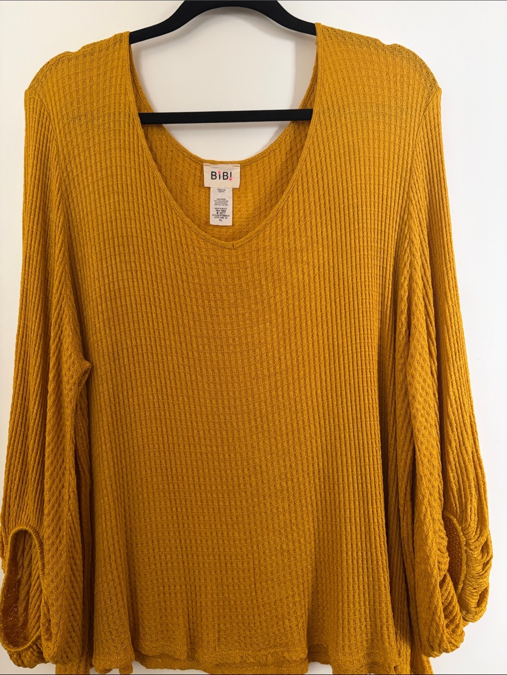 BiBi Mustard Yellow Waffle Knit V-Neck Balloon Sleeve Top